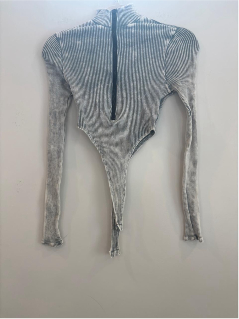 EDGE Acid Wash Ribbed Bodysuit Mock Neck Back Zip Long Sleeve S #S41